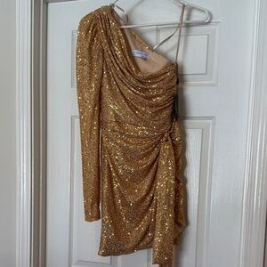 Ieena for Mac Duggal Gold Sequin One-Shoulder Dress - STUNNING!
